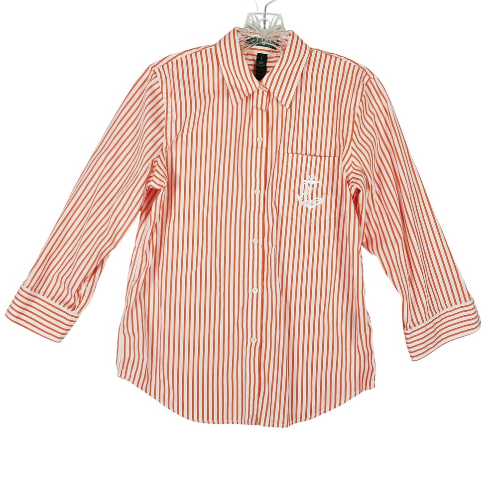 Lauren Ralph Lauren Button Down Shirt Women Small Orange Striped Anchor Nautical